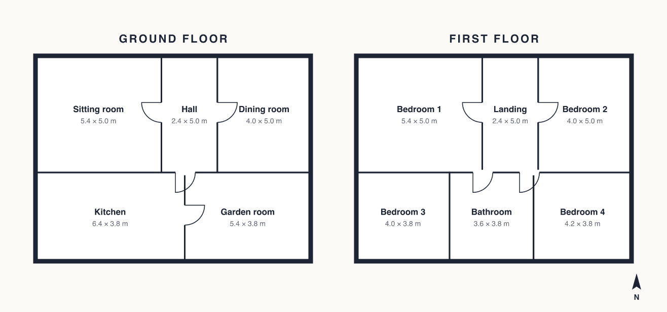 Floor plan of Bellfield House: sitting room, dining room, kitchen and garden room on the ground floor; four bedrooms and a bathroom upstairs.