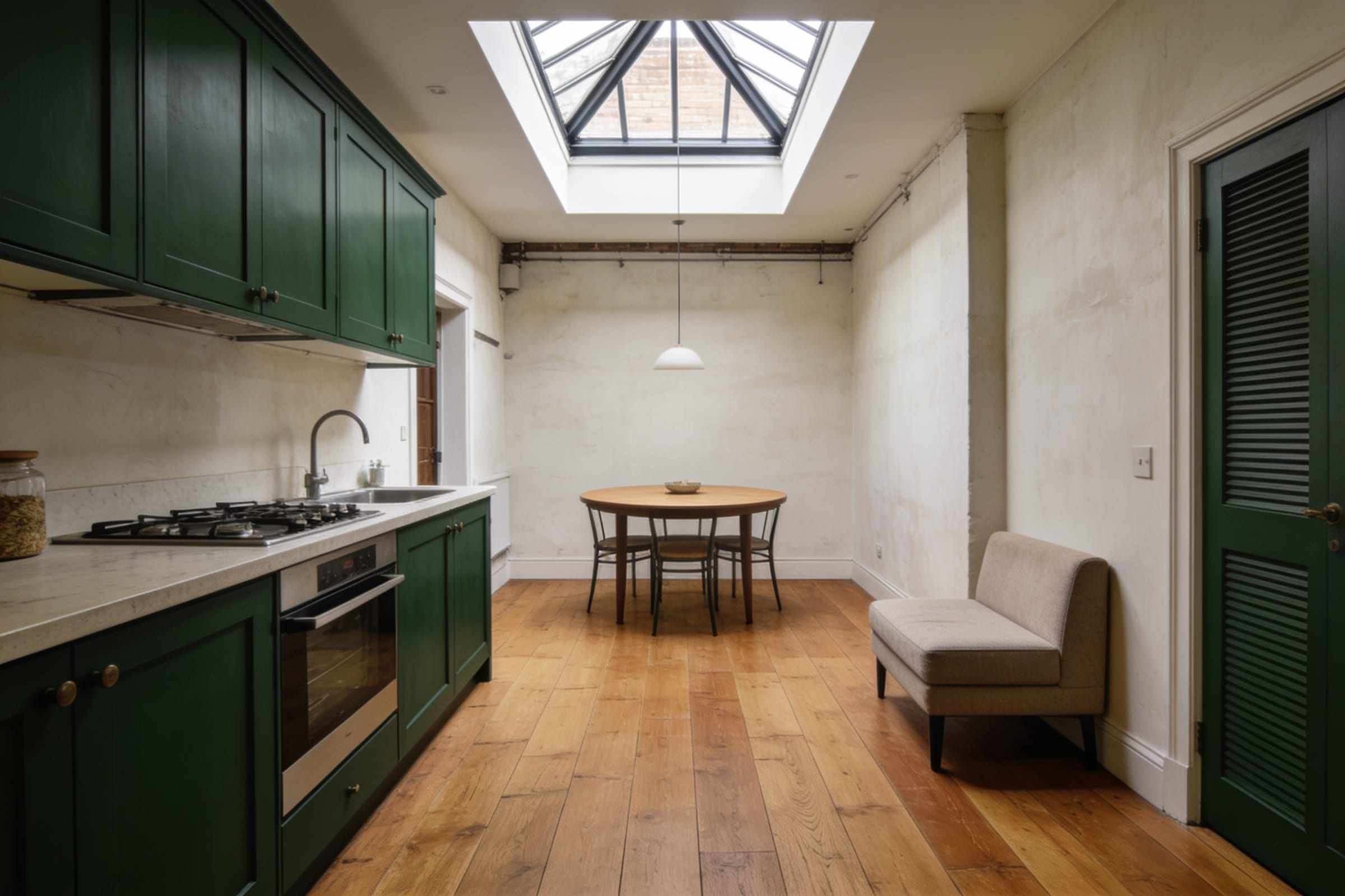 The open-plan kitchen and living room with a dark green kitchen under a roof lantern.