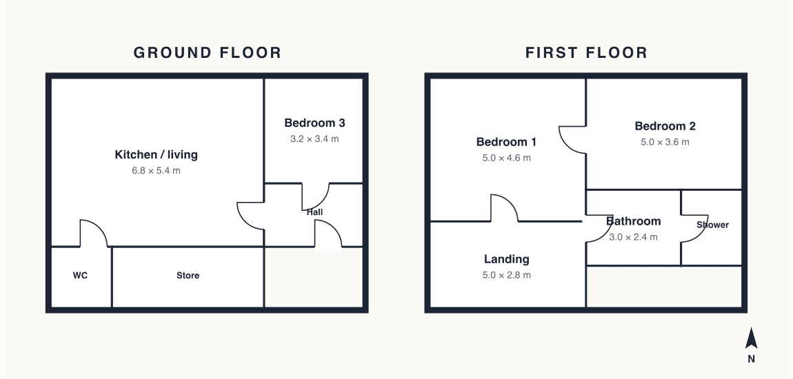 Floor plan of Castle Mews: kitchen and living room, third bedroom, WC and store on the ground floor; two bedrooms, a bathroom and a shower room upstairs.