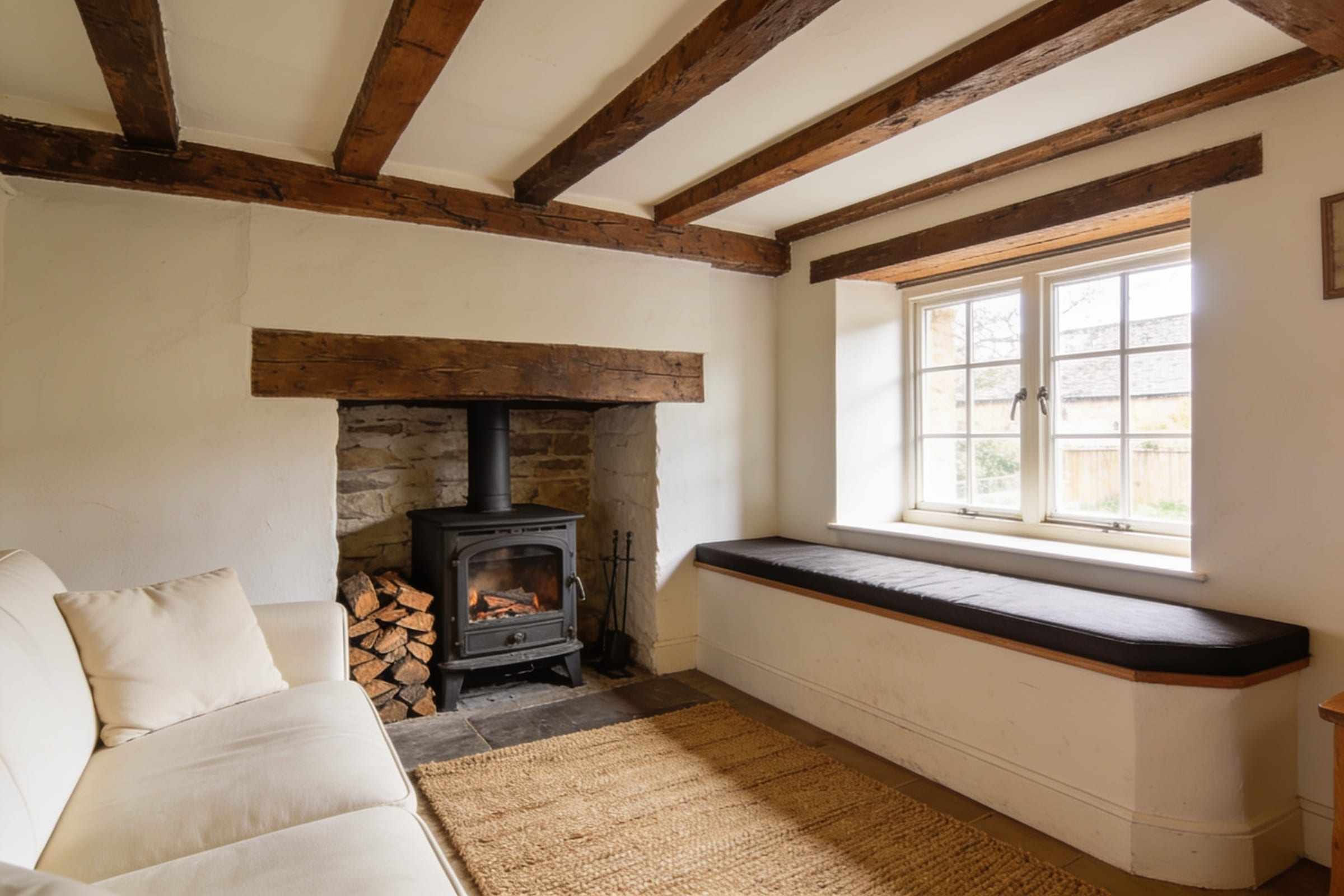 The sitting room with a log burner in a small inglenook and a deep window seat.