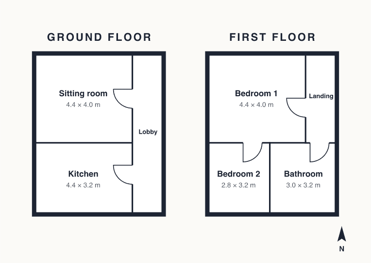 Floor plan of Chapel Row: sitting room and kitchen on the ground floor, two bedrooms and a bathroom upstairs.