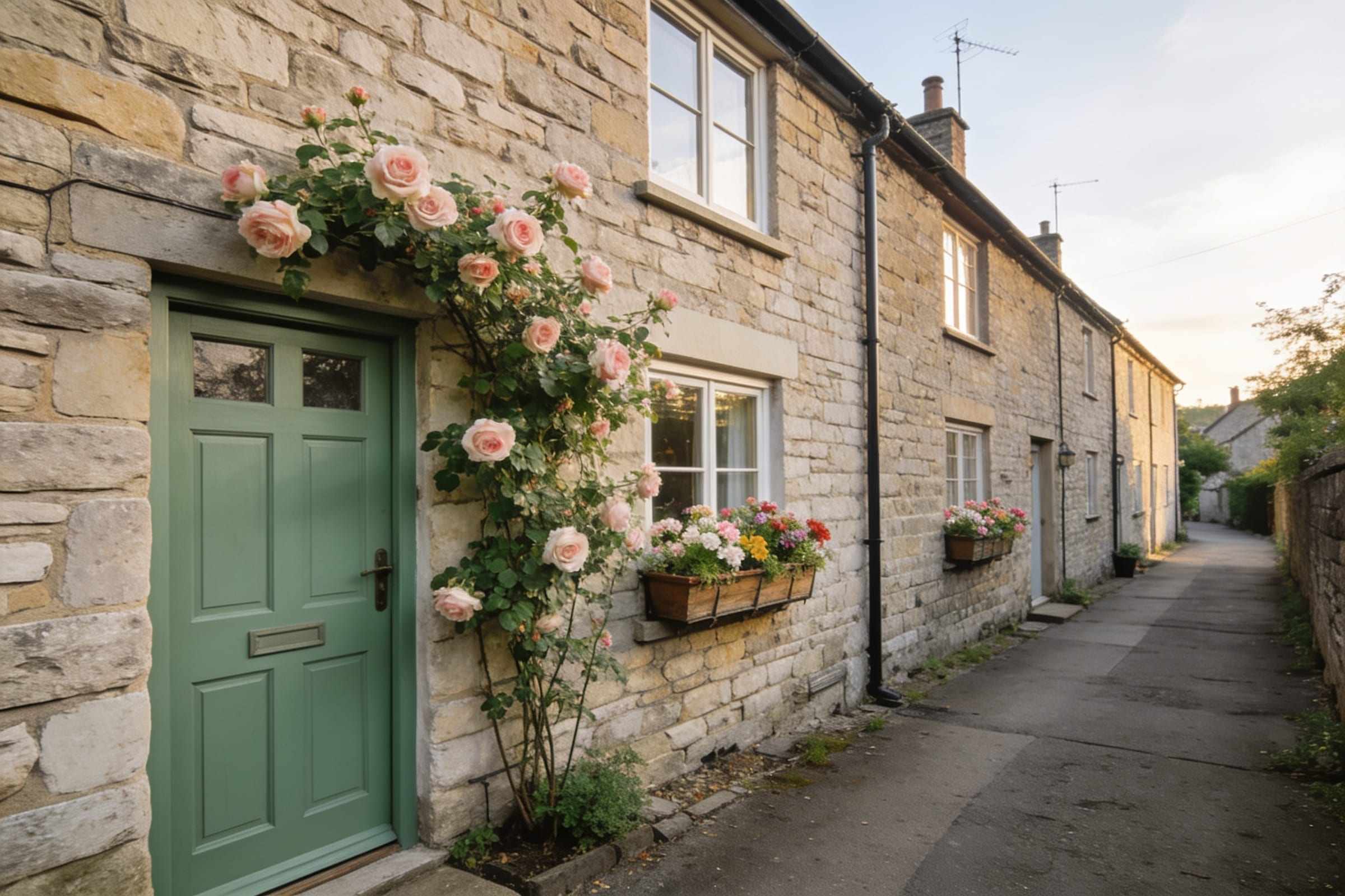 A stone terraced cottage with a sage green front door, climbing roses and window boxes on a narrow lane.