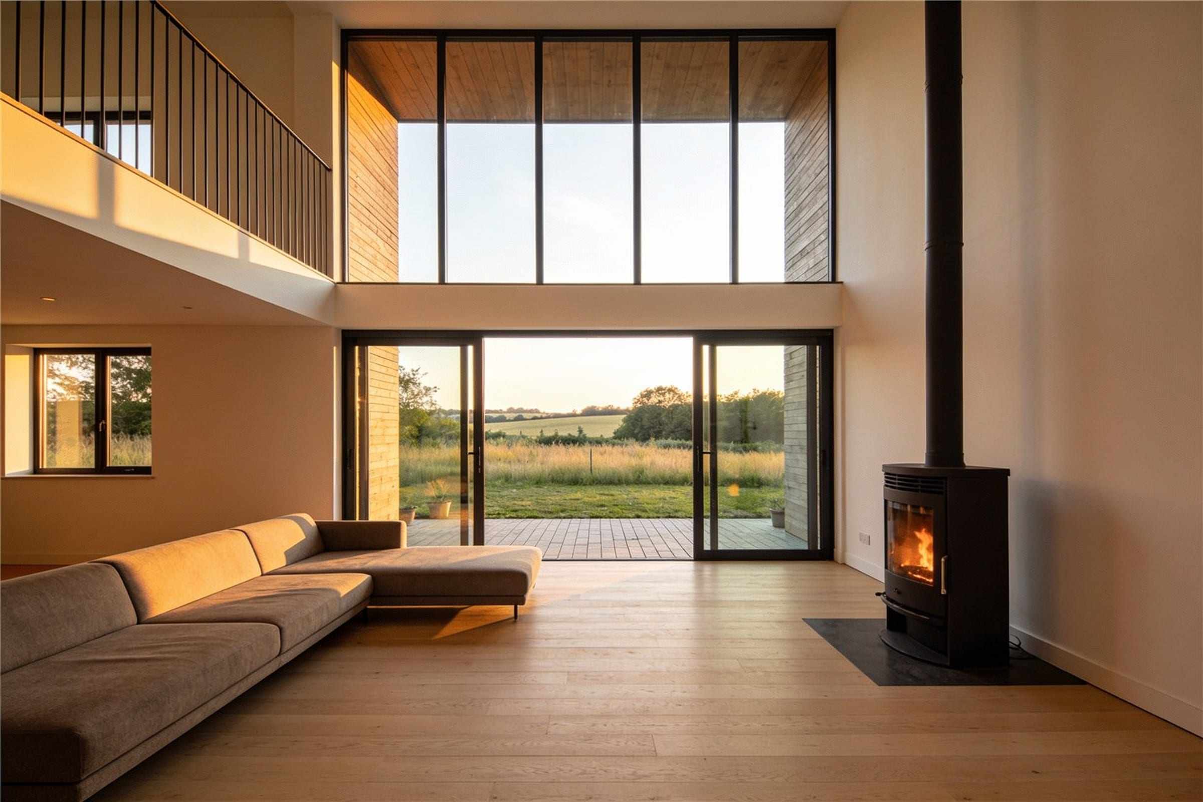 The double-height living room with glass doors open to the terrace and meadow.