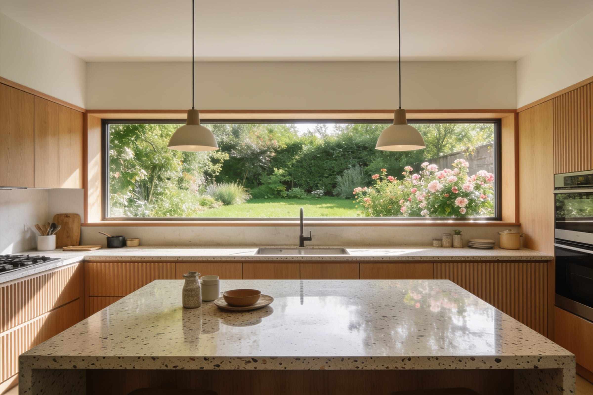 The kitchen with a terrazzo island and a long window onto the garden.