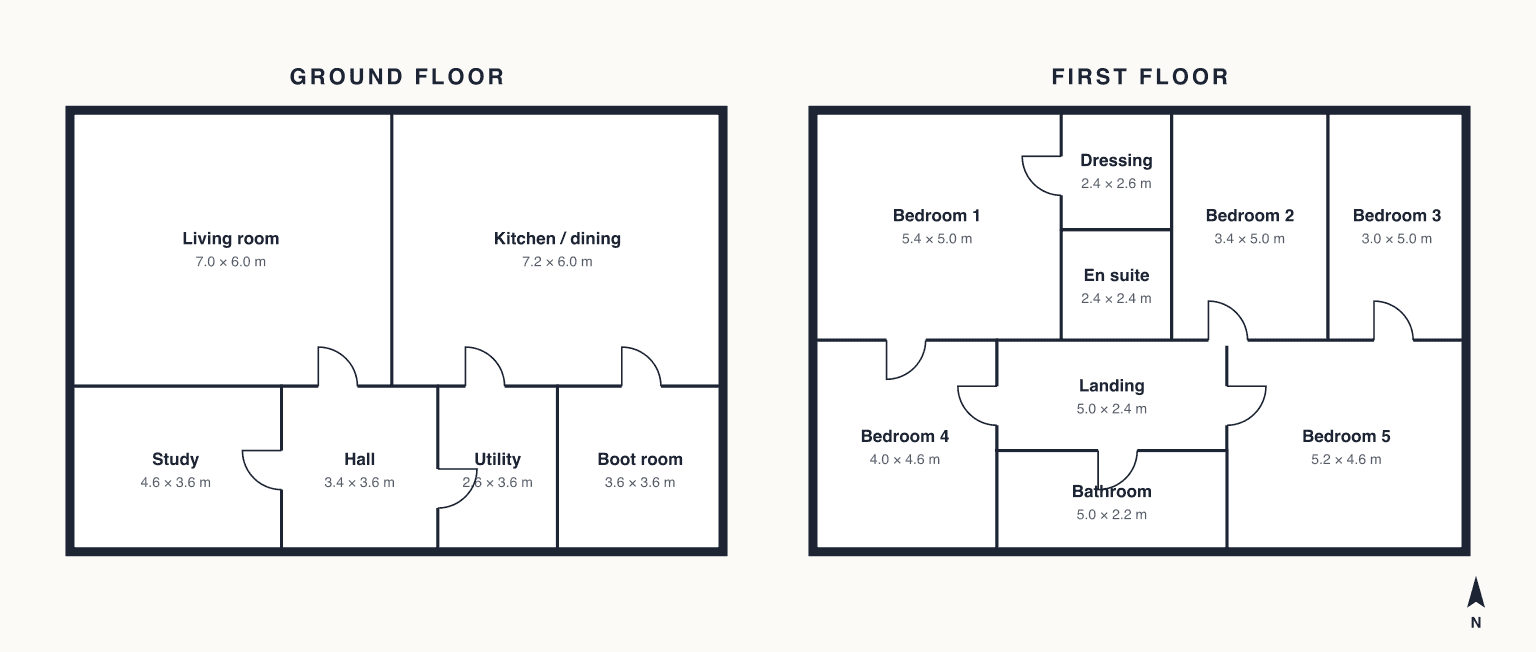 Floor plan of Larch House: living room, kitchen and dining room, study, utility and boot room on the ground floor; five bedrooms upstairs.