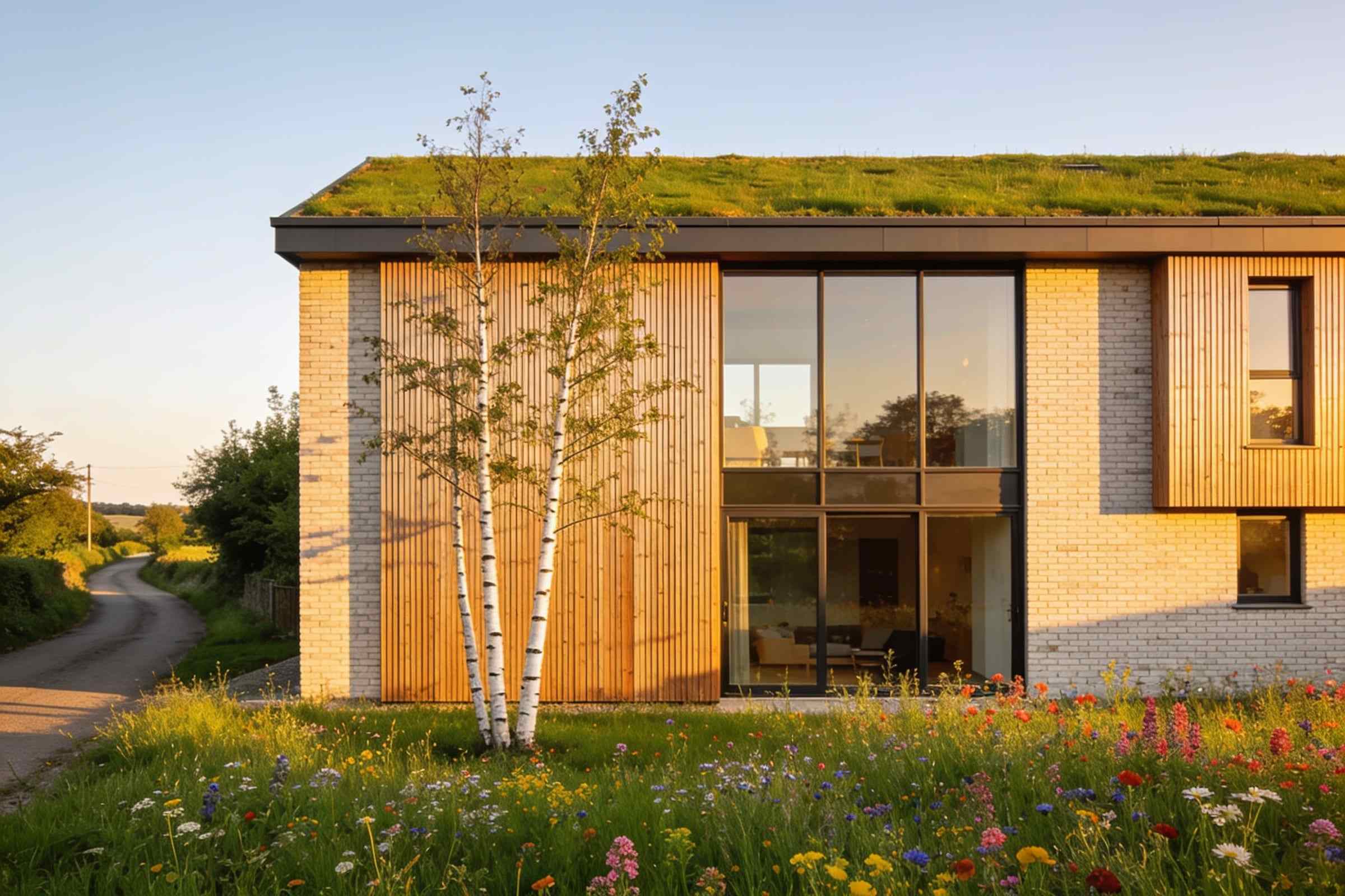A contemporary house of pale brick and larch cladding with a green roof and a wildflower meadow, in golden evening light.