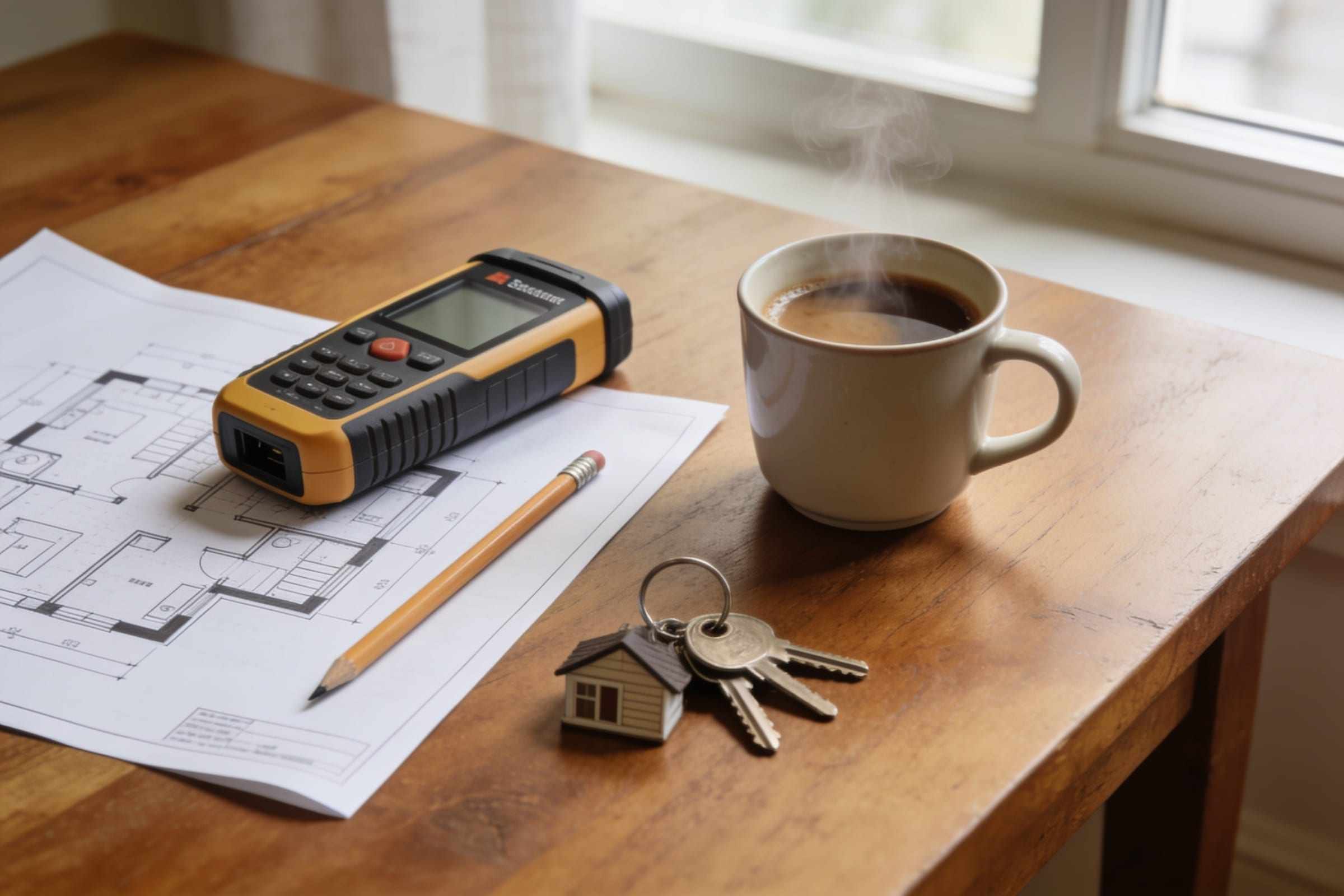 A laser measure, a floor plan drawing, a pencil and a ring of keys on an oak table beside a cup of coffee.