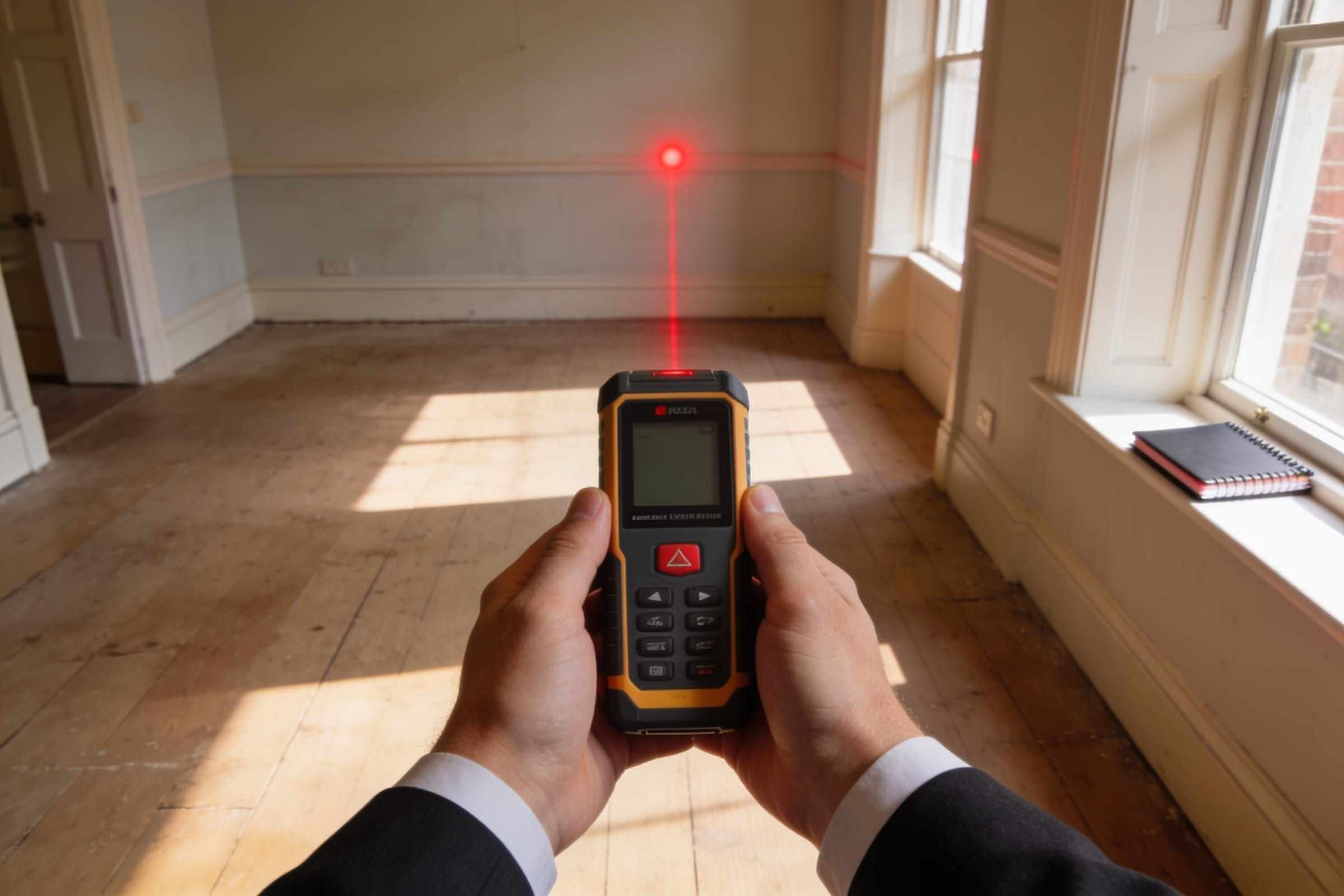 Hands holding a laser measure in an empty sunlit room with bare floorboards.