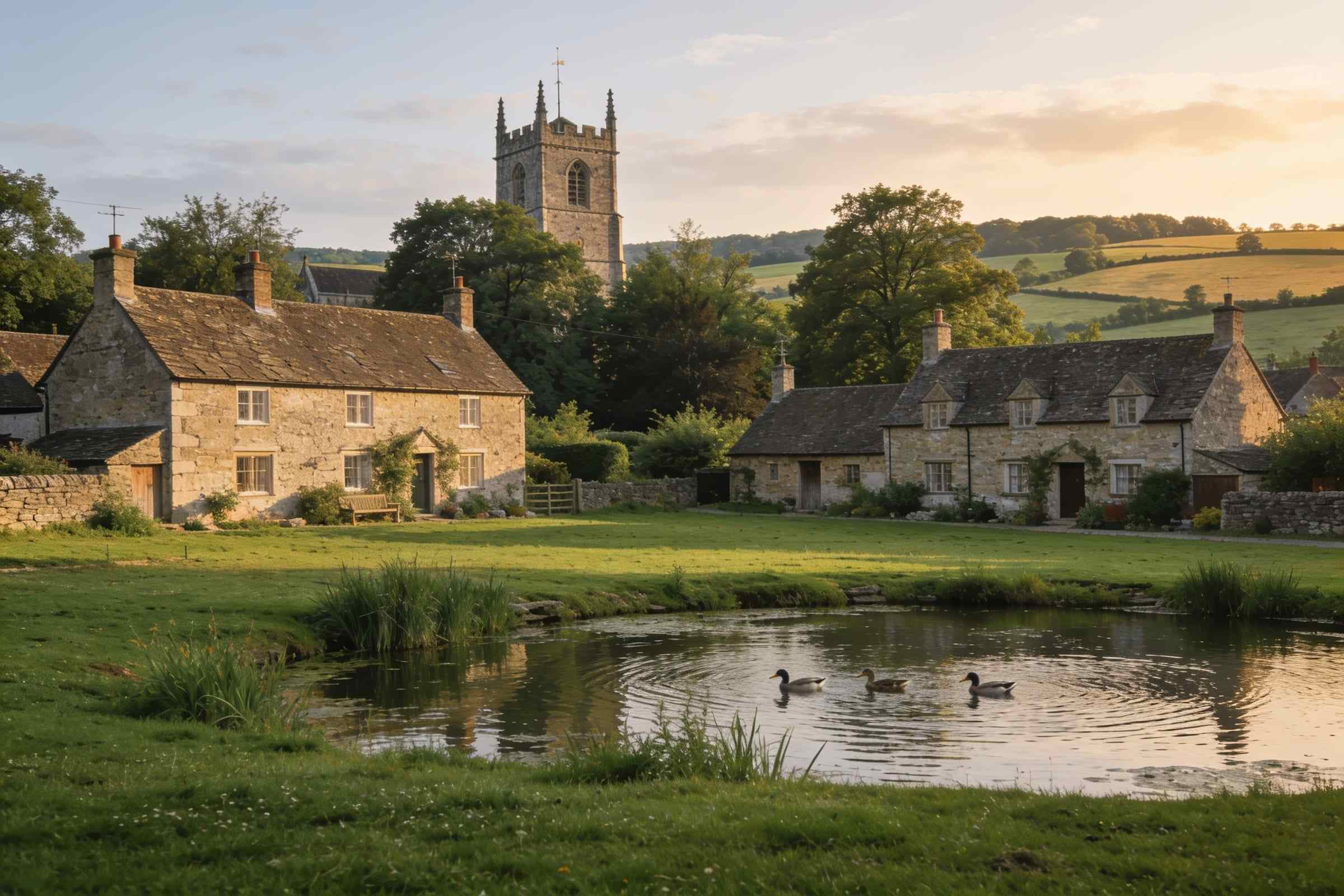 A village green with a duck pond, stone cottages and a church tower behind trees, in summer evening light.