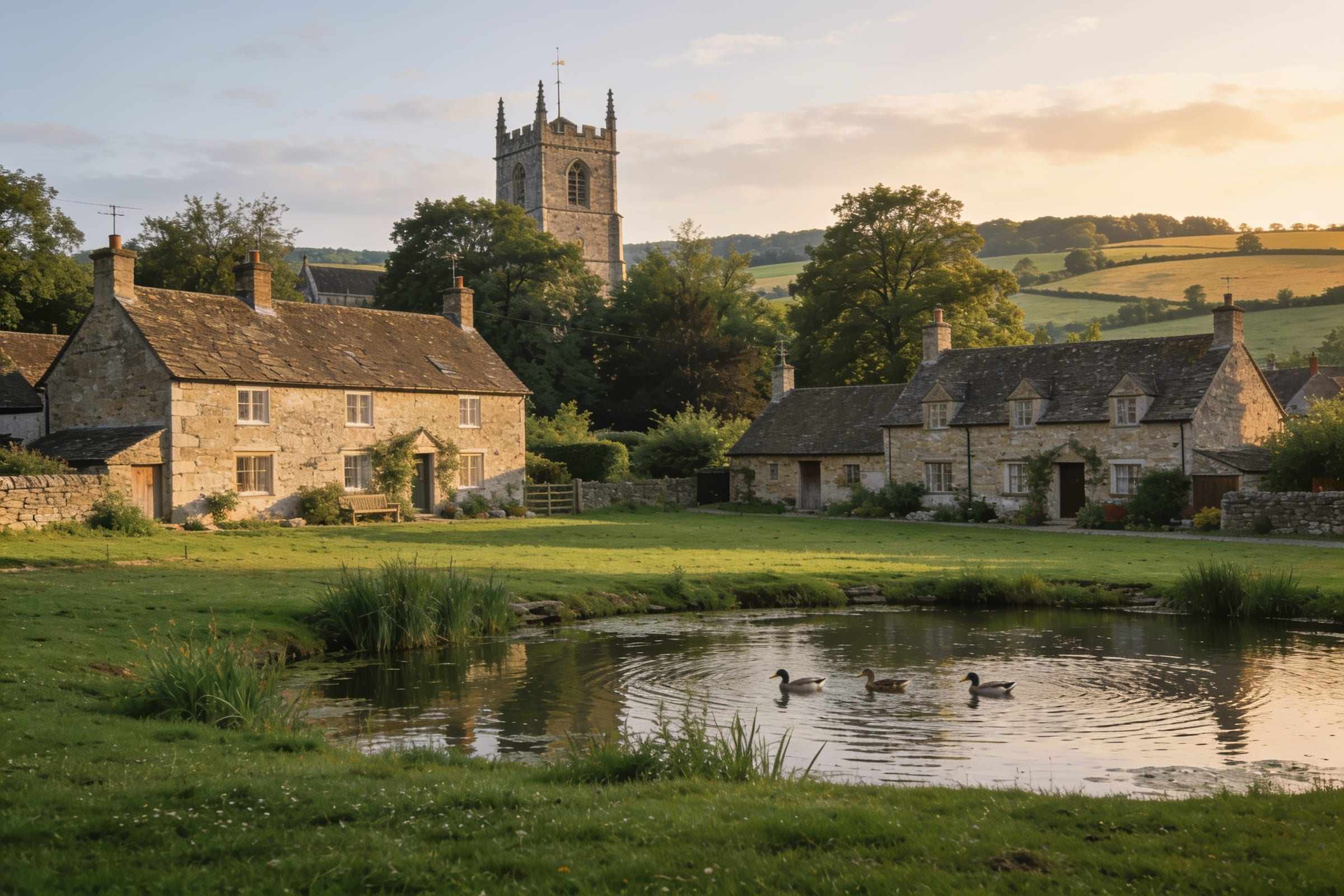 A village green with a duck pond, stone cottages and a church tower behind trees, in summer evening light.