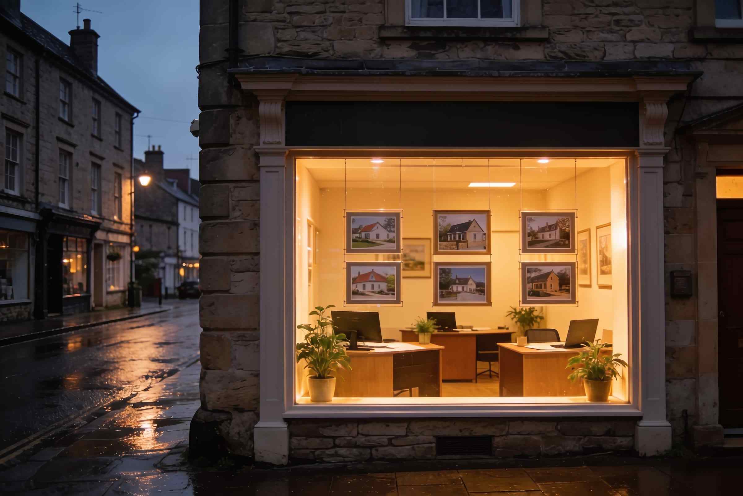 The agency’s shop window at dusk on a wet stone street, the office lit inside with photographs of houses on display.