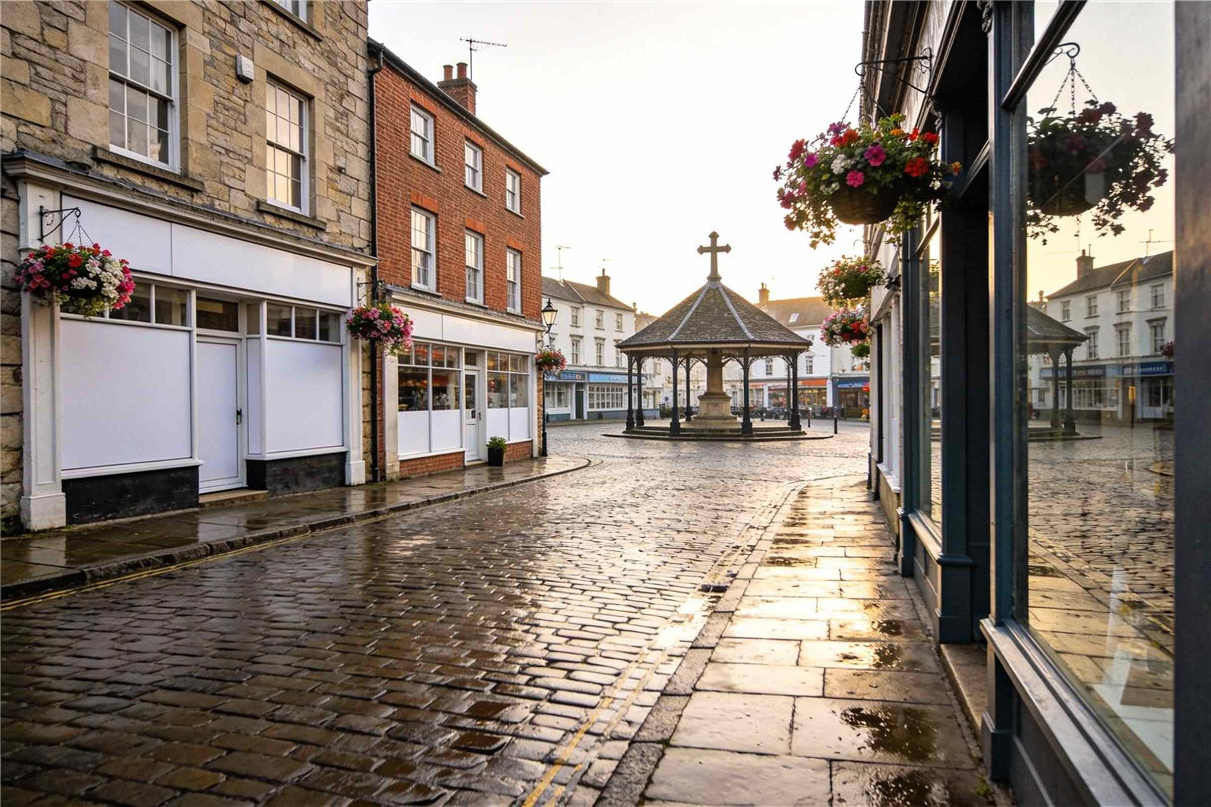 A quiet Old Town street at early morning with Georgian stone houses, a market cross and wet cobbles.