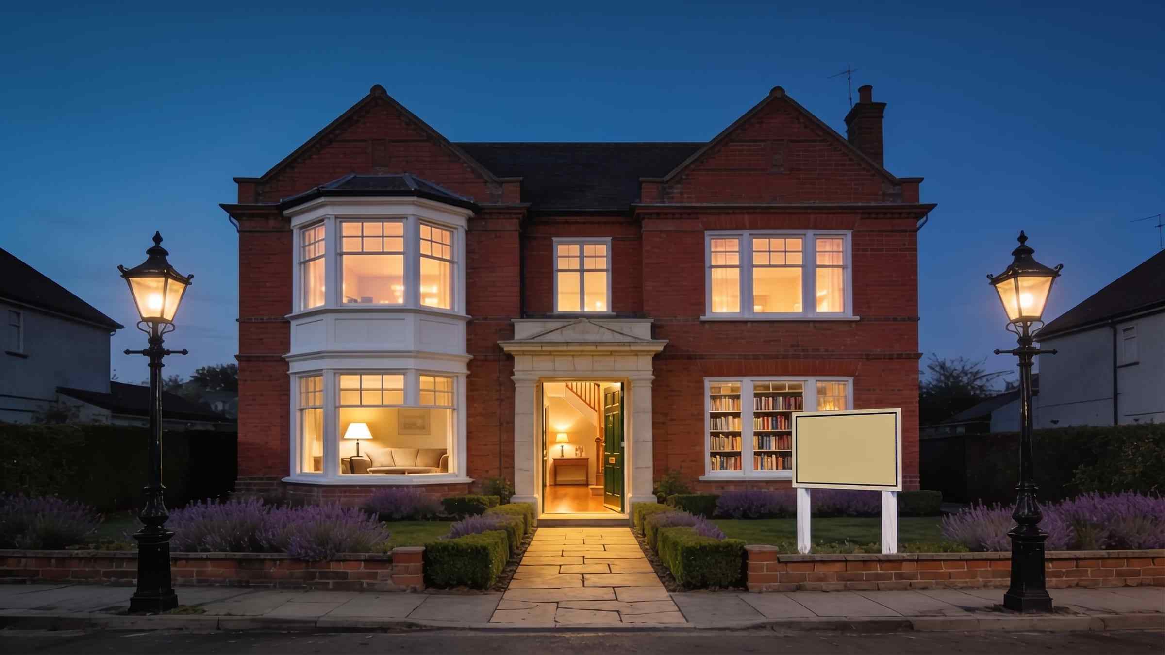 The Edwardian house on Orchard Avenue at blue hour, every window lit and the front door open.