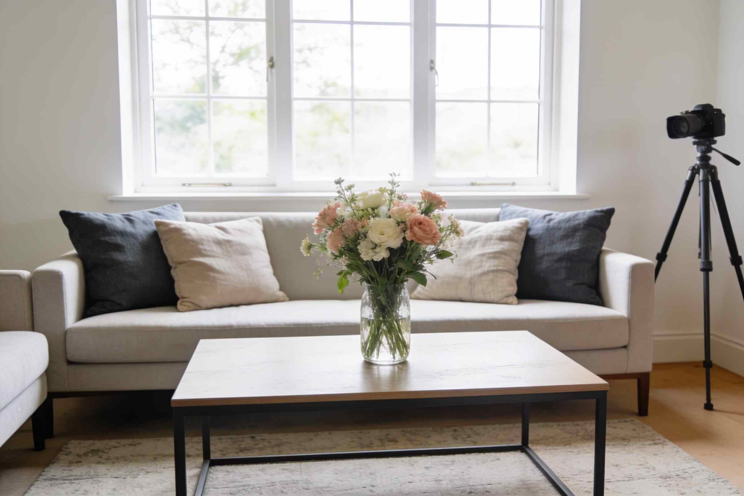 A styled sitting room with fresh flowers, plumped cushions and a camera on a tripod by the window.