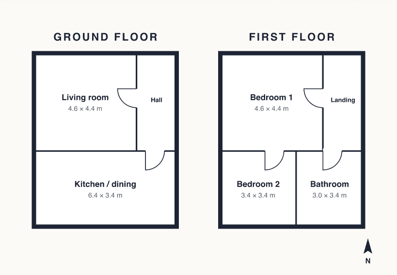Floor plan of Quarry Lane: living room and kitchen on the ground floor, three bedrooms and a bathroom upstairs.