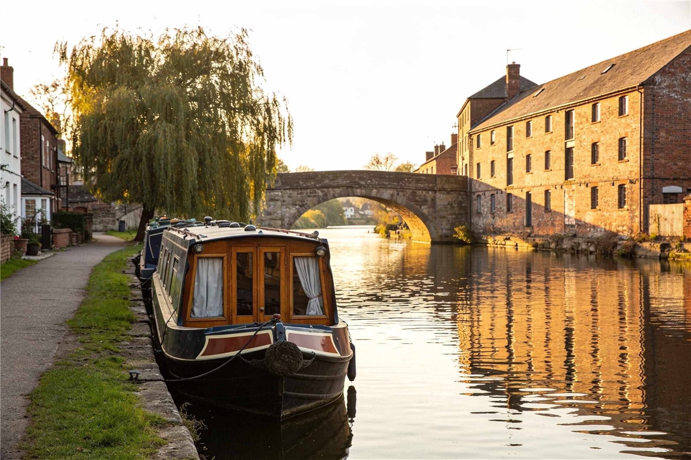 A riverside towpath at golden hour with a stone bridge, converted warehouses and narrowboats.