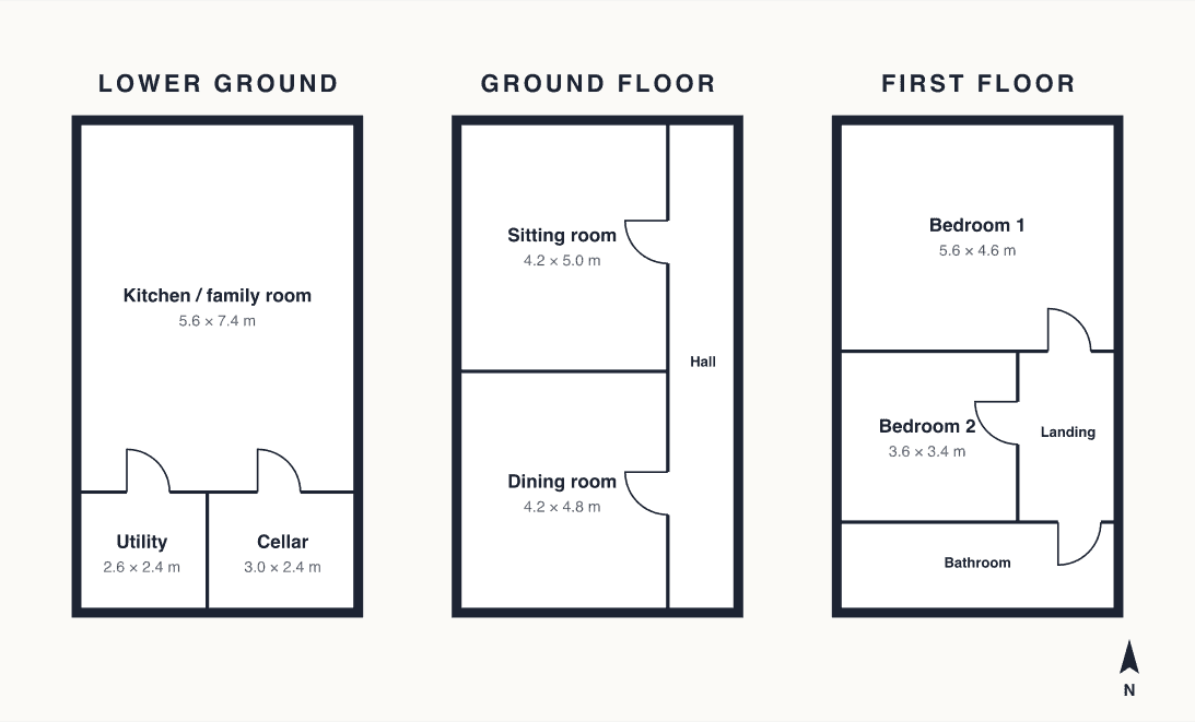 Floor plan of St Bride’s Terrace: kitchen and family room on the lower ground floor, sitting and dining rooms on the ground floor, bedrooms and bathroom above.