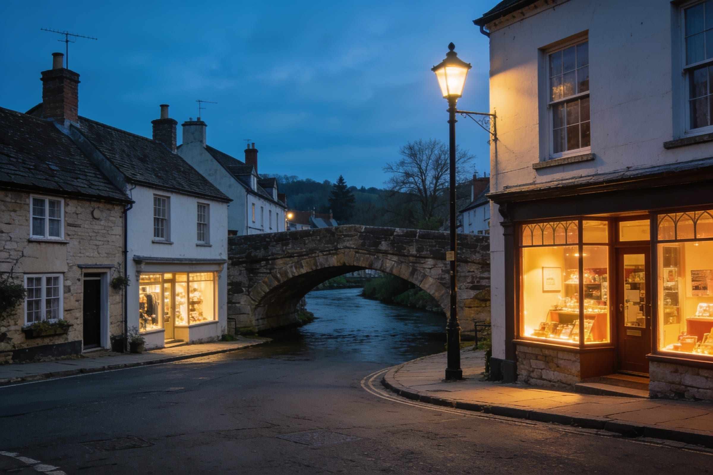A stone bridge over a river in a small town at blue hour, shop windows and street lamps lit.