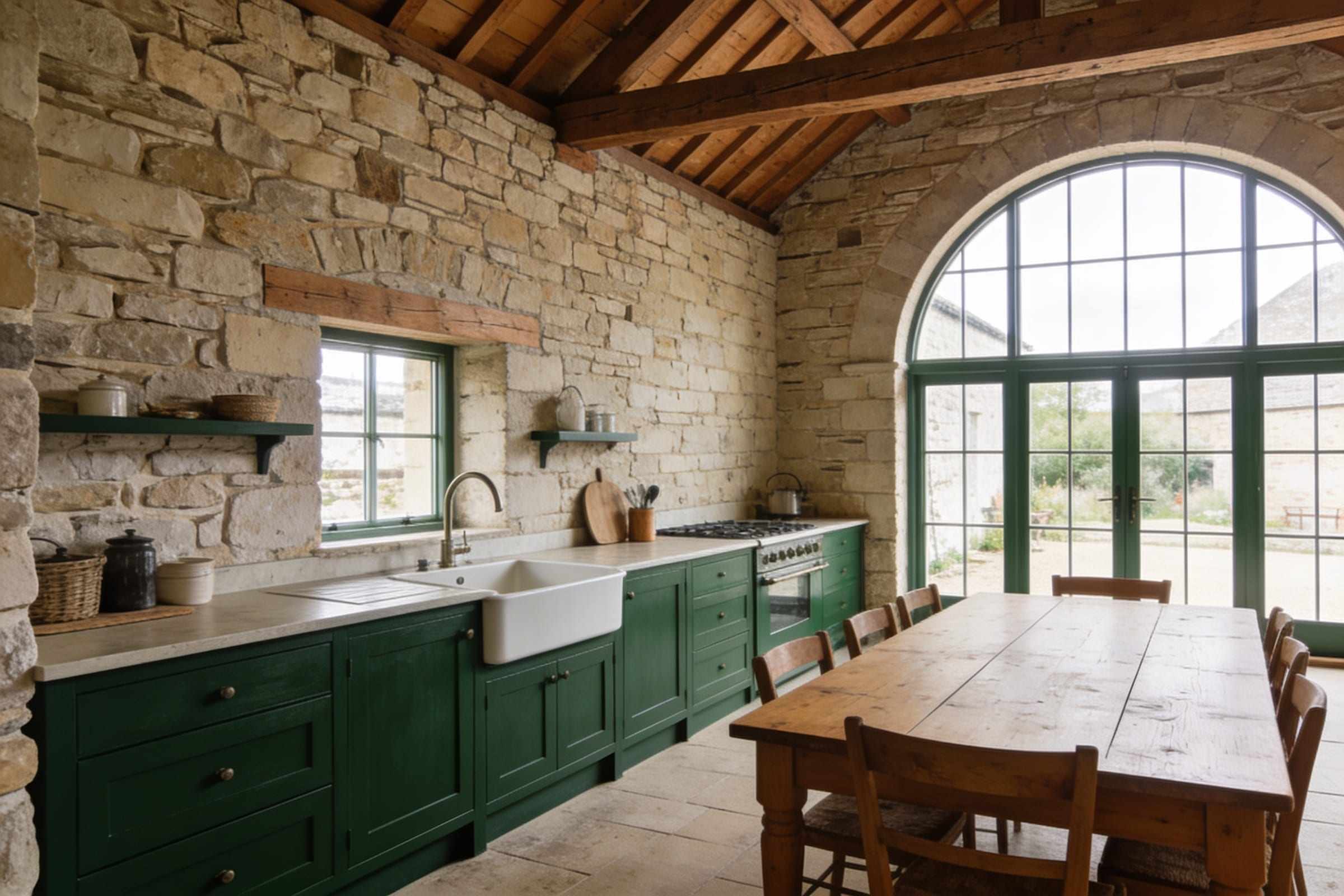 The kitchen and dining room under oak beams, with a deep green kitchen and the glazed arch.
