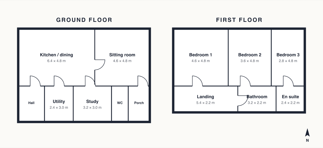 Floor plan of The Old Forge: kitchen and dining room, sitting room, study, utility and WC on the ground floor; three bedrooms, a bathroom and an en suite upstairs.