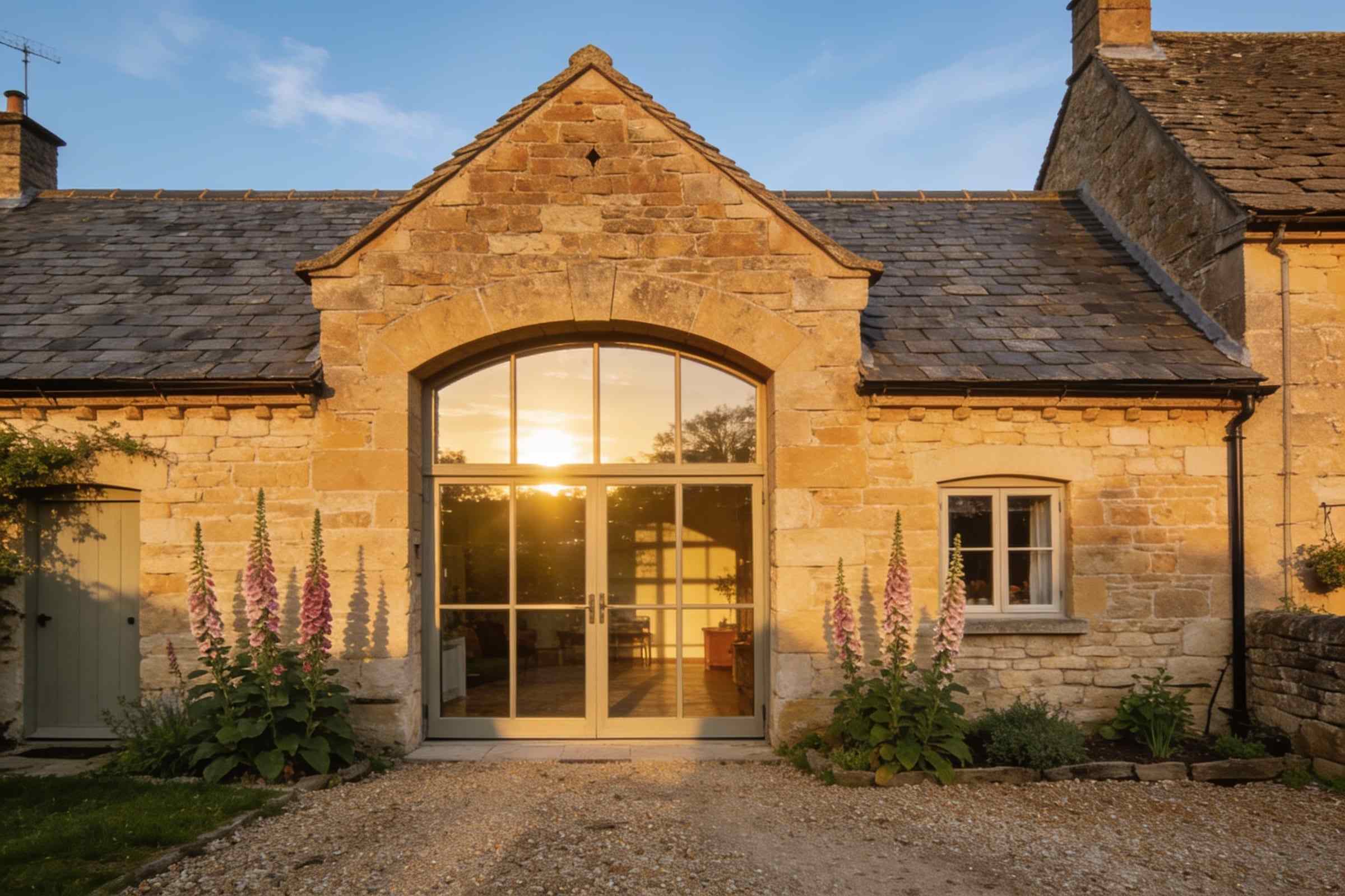 A converted stone forge with a tall glazed arch, foxgloves in the cottage garden and a gravel drive, in late afternoon sun.