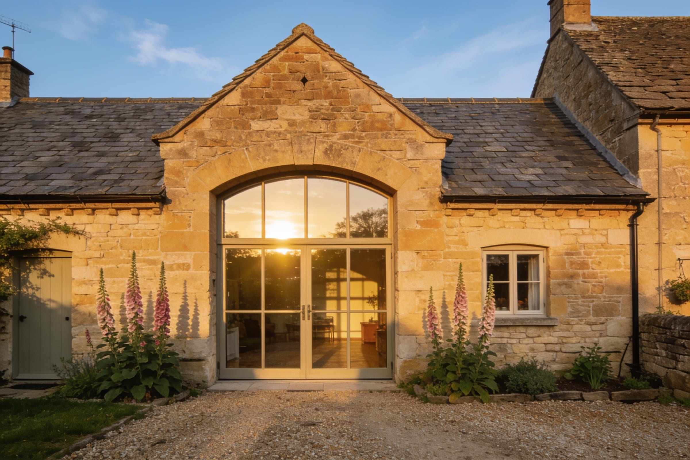 A converted stone forge with a tall glazed arch, foxgloves in the cottage garden and a gravel drive, in late afternoon sun.