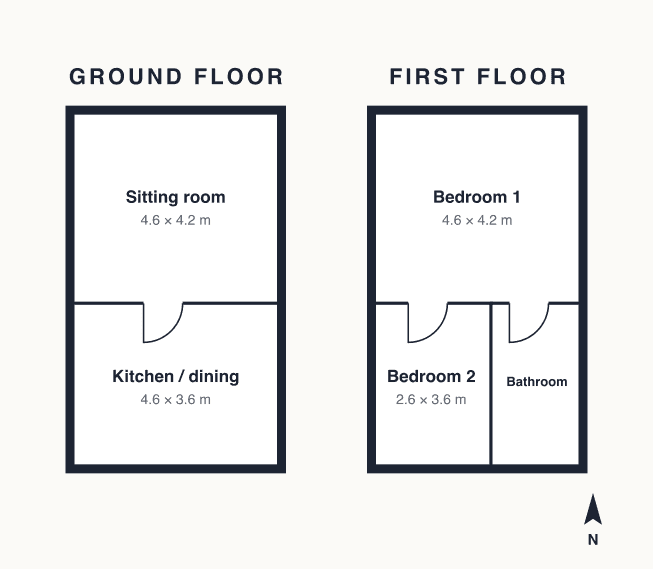 Floor plan of Weavers Row: sitting room and kitchen on the ground floor, two bedrooms and a bathroom upstairs.