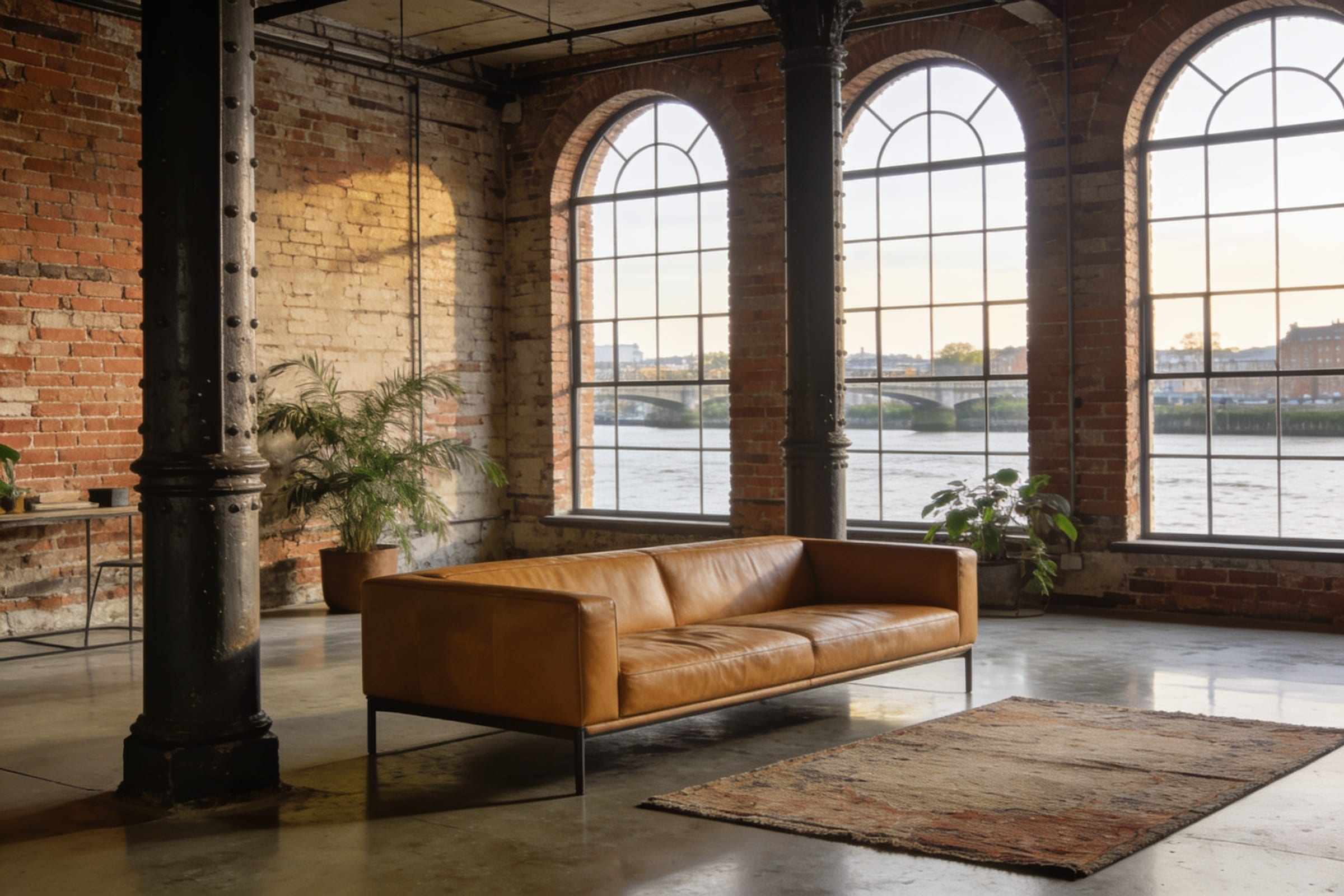 The living room with exposed brick, iron columns and arched windows over the river.