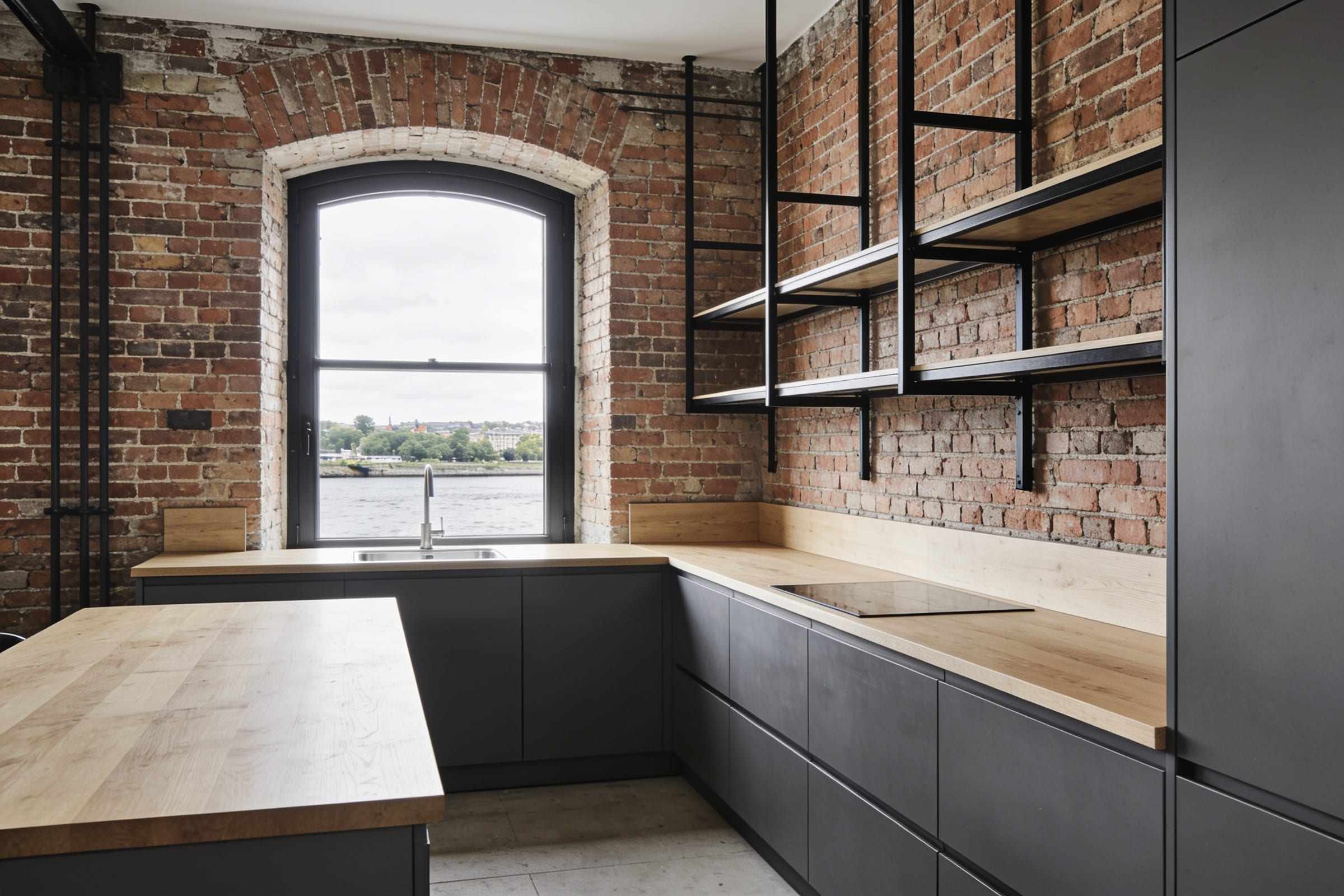 The kitchen with a pale oak island and black steel shelves.