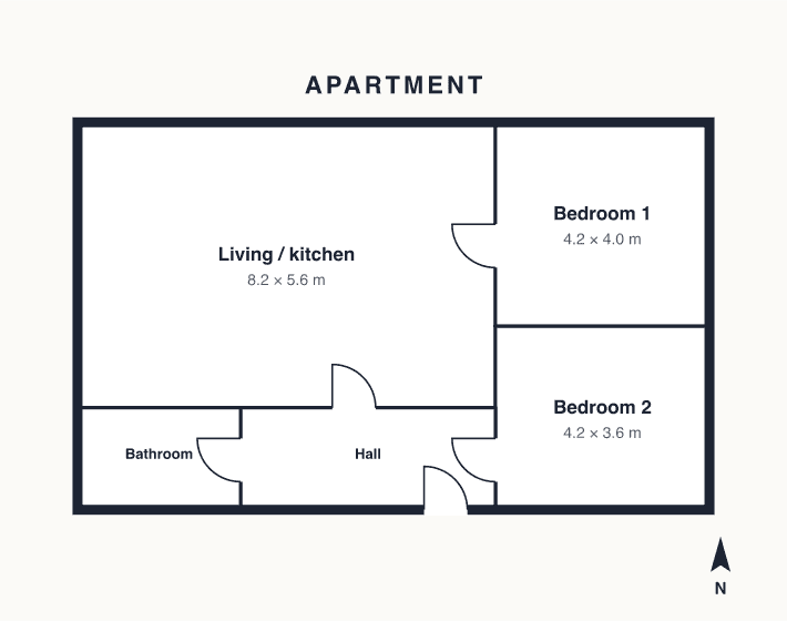 Floor plan of Apartment 4: an open living room and kitchen, two bedrooms, a bathroom and a hall.